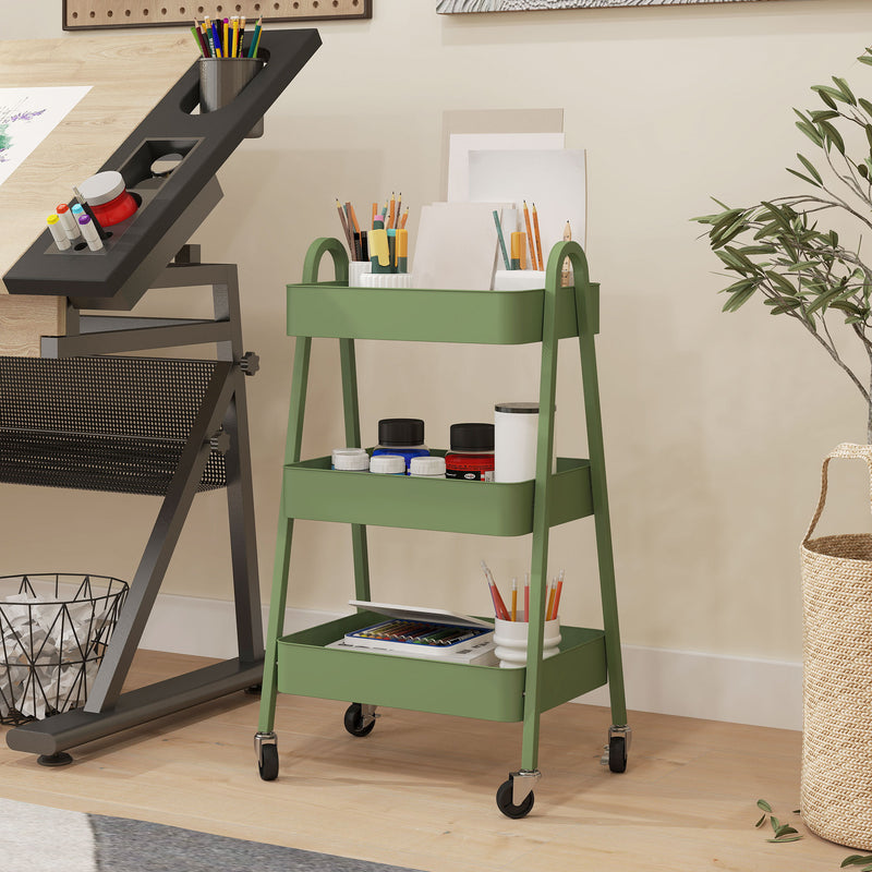 Green Three Tier Rolling Storage Trolley with Wheels and Organiser Shelves