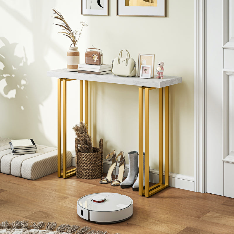 Narrow Console Table with Faux Marble Top and Anti Tip Design for Hallways White