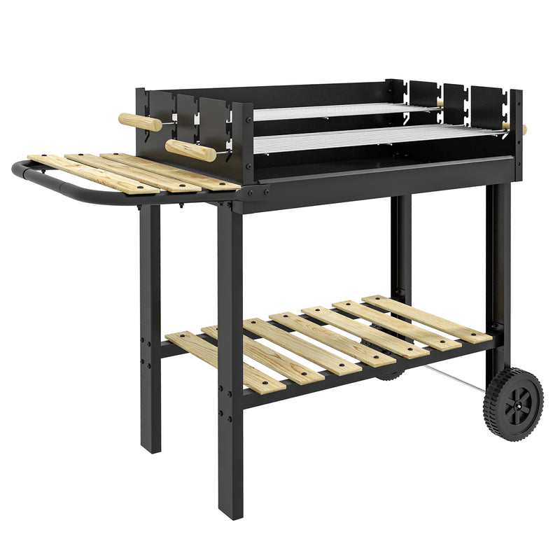Charcoal BBQ Trolley Grill with Adjustable Racks Side Table and Wheels for Garden by Outsunny