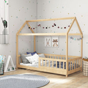 Wooden Kids House Bed Frame with Safety Guard Rails for Children Single Bed Natural AOSOM