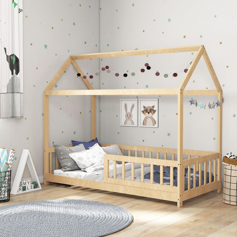 Wooden Kids House Bed Frame with Safety Guard Rails for Children Single Bed Natural AOSOM