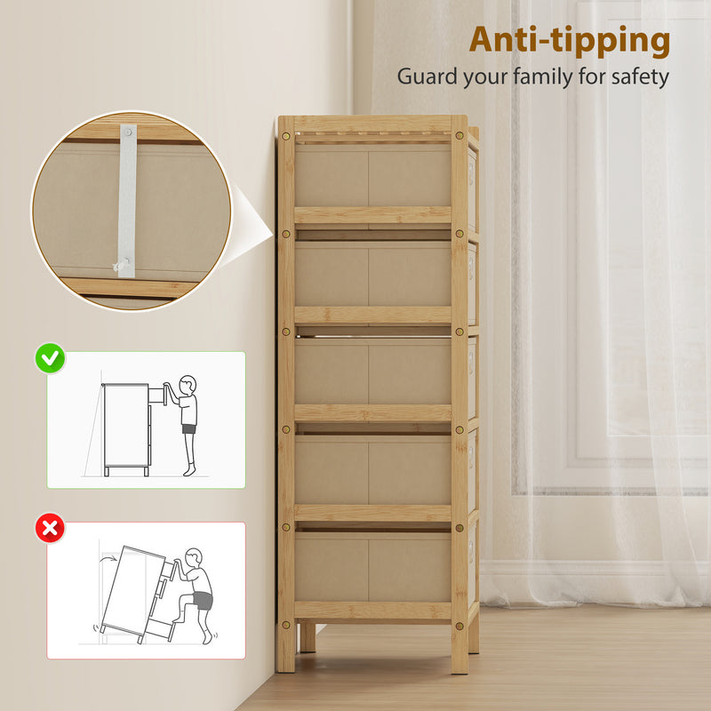 Slim Chest of Drawers for Small Bedrooms with Five Fabric Storage Drawers Natural Finish AOSOM