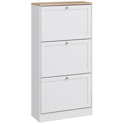 Modern Three Drawer Shoe Storage Cabinet With Slim Space Saving Design, White