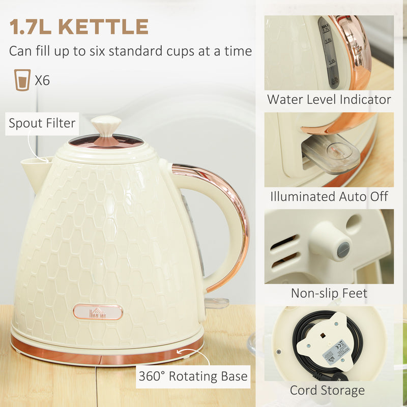 1.7L 3000W Fast Boil Cordless Kettle and 2 Slice Toaster Set with Auto Shut Off Beige by HOMCOM