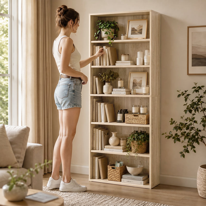 Tall Bookshelf with Adjustable Shelves for Living Room or Office Organisation Oak Wood Effect