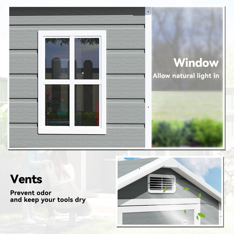 Small Plastic Garden Shed for Small Patios with Secure Weatherproof Storage and Window, Light Grey/White Outsunny