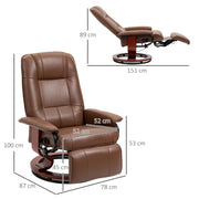 Reclining Faux Leather Armchair with Footrest and 145 Degree Backrest for Lounge Comfort Brown