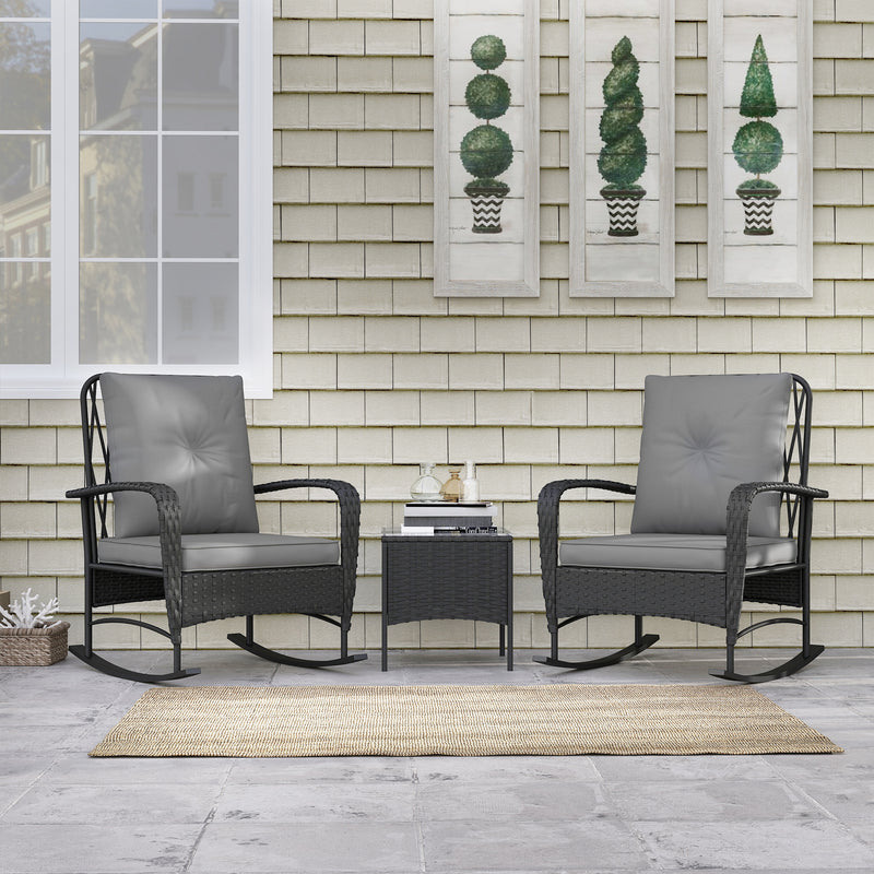 Three Piece Rattan Rocking Chair Bistro Set Black by Outsunny