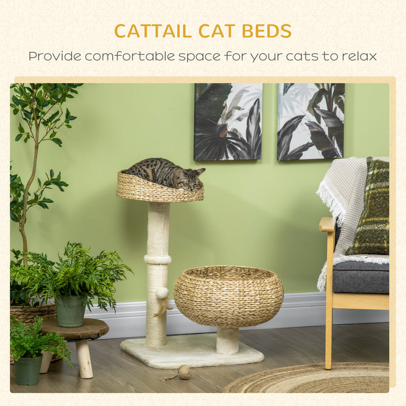 Cat Tree Tower With Sisal Scratching Post Two Soft Beds And Hanging Toy Ball Grey
