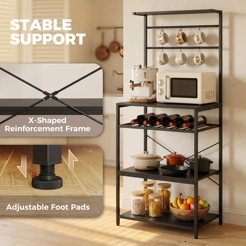 Kitchen Storage Shelf with Wine Rack and Hooks for Small Spaces Black
