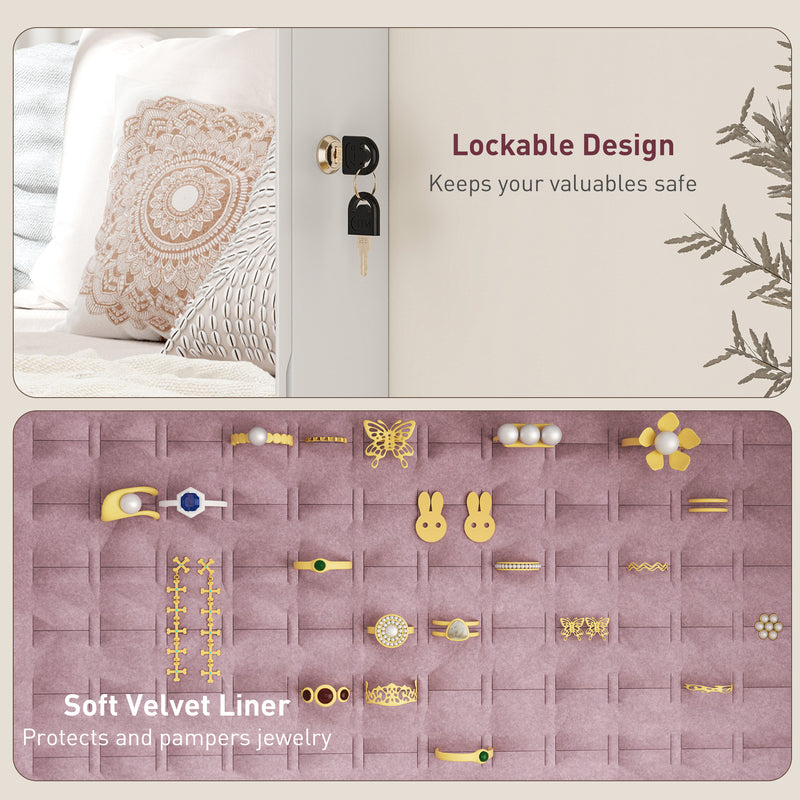 White Lockable Jewellery Cabinet with LED Lights and Pink Lining 108 x 37cm by HOMCOM