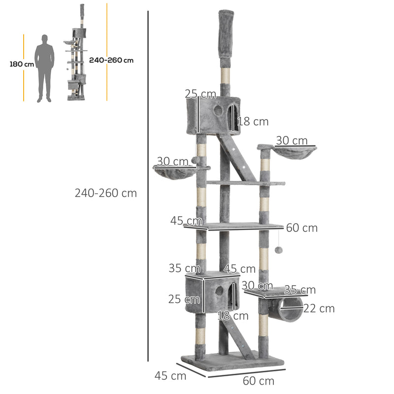 Adjustable Floor to Ceiling Cat Tree for Indoor Climbing and Play 240 to 260cm Light Grey