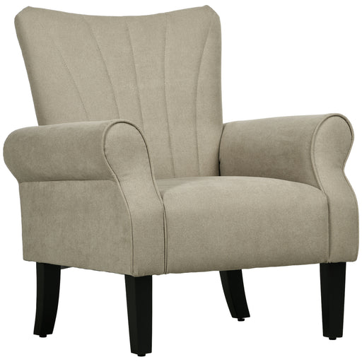 High Back Upholstered Accent Armchair with Rolled Arms and Wood Legs for Lounge, Beige