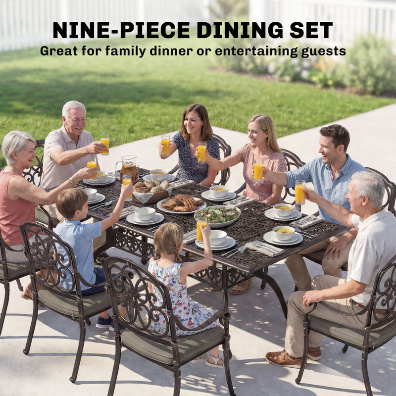 Patio Dining Set for 8 Cast Aluminium with Cushioned Chairs and Weatherproof Table, Bronze and Khaki Outsunny