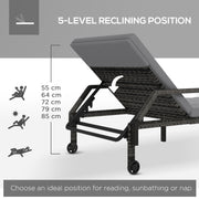 Grey Rattan Sun Loungers Set of 2 With Adjustable Backrest and Wheels for Garden Relaxing