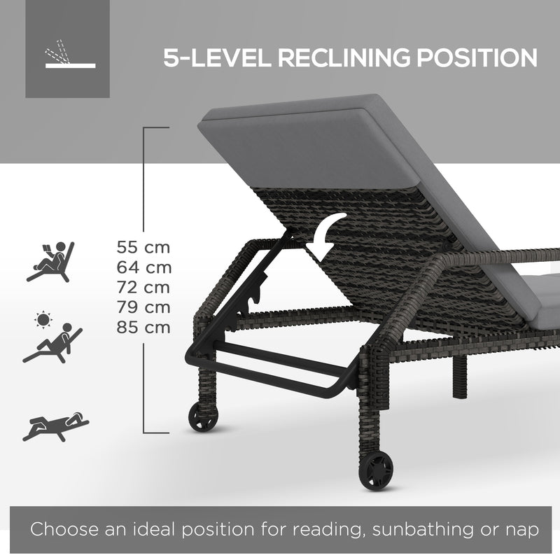 Grey Rattan Sun Loungers Set of 2 With Adjustable Backrest and Wheels for Garden Relaxing