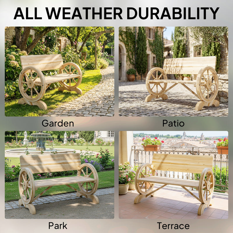 Wooden Garden Bench with Wagon Wheel Design for Two People Natural Wood Finish Outsunny