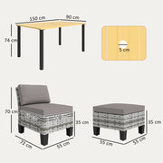 Grey 6 Seater Rattan Patio Dining Set with Cushions and Slatted Table by Outsunny