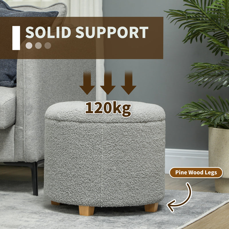 Teddy Fleece Storage Round Ottoman with Lid Grey 31.8L by HOMCOM