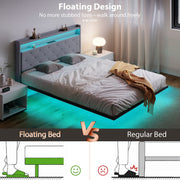 King Size Floating Bed Frame with LED Lights, Charging Ports and Storage Shelves, Grey Homcom