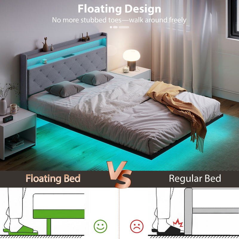 King Size Floating Bed Frame with LED Lights, Charging Ports and Storage Shelves, Grey Homcom