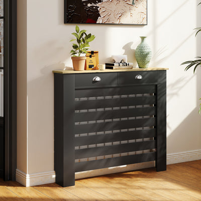 Radiator Cover with Drawer for Hallway Safety and Storage Slim Slatted Black Wood Effect Homcom
