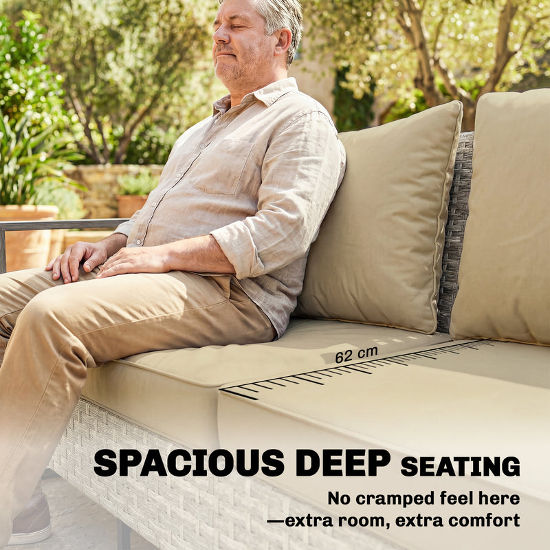 Rattan Garden Furniture Set for Relaxed Outdoor Seating with Cushions and Coffee Table, Khaki