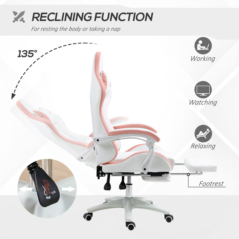 White and Pink Gaming Chair for Adults with Footrest Lumbar Support and Reclining Back