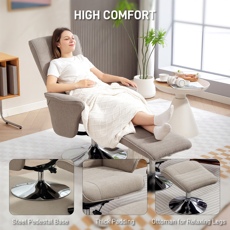 Beige Velvet Swivel Recliner Chair with Footstool for Lounge or Office with Steel Base