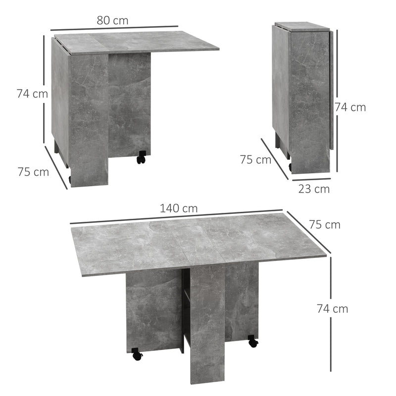 Folding Drop Leaf Dining Table with Storage Shelves and Wheels for Small Kitchens Cement Grey