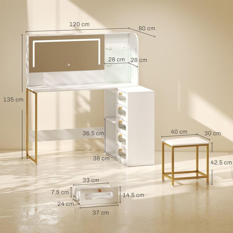 Corner Dressing Table Set with Adjustable LED Mirror and Organised Storage White Gold