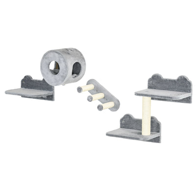 Wall Mounted Cat Tree with Steps Perch and Hidden House Ideal for Climbing, Grey PawHut