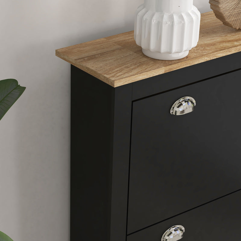 2 Drawer Wooden Shoe Cabinet With Flip Doors Fits 12 Pairs Ideal For Hallways, Black