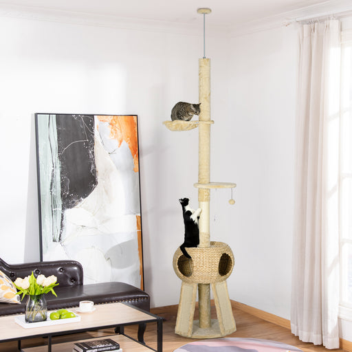 Large Cat Tree Tower with Multiple Platforms Scratching Posts and Hideaway House Beige