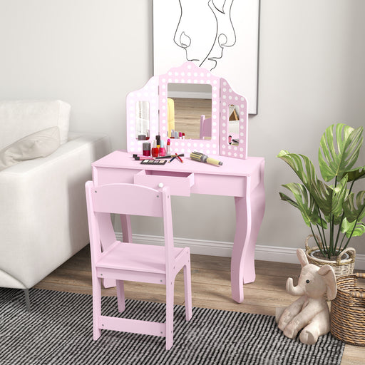 Kids Dressing Table Set with Stool Mirror and Drawer for Bedroom Playroom Use, Pink