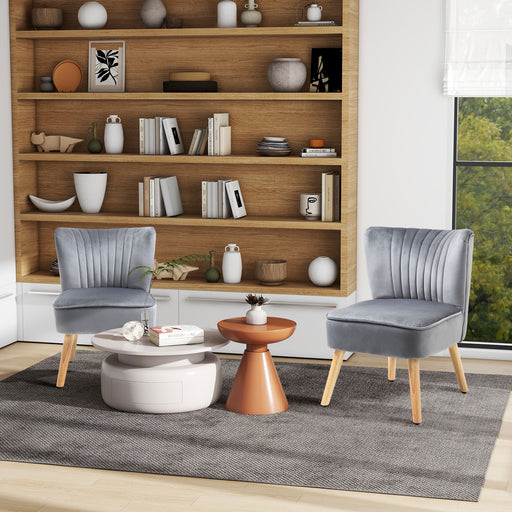 Set of 2 Velvet Accent Chairs with Padded Curved Back and Wood Legs for Living Room Grey
