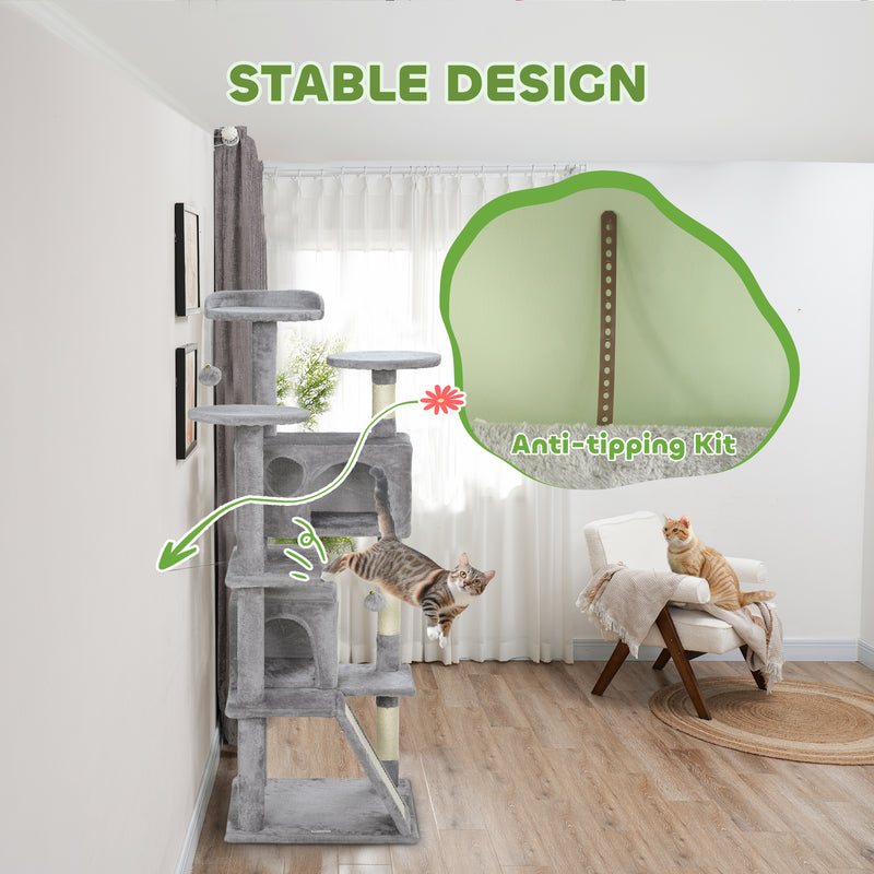 Light Grey 138cm Multi Level Cat Tree With Condos Scratching Posts And Hanging Toys