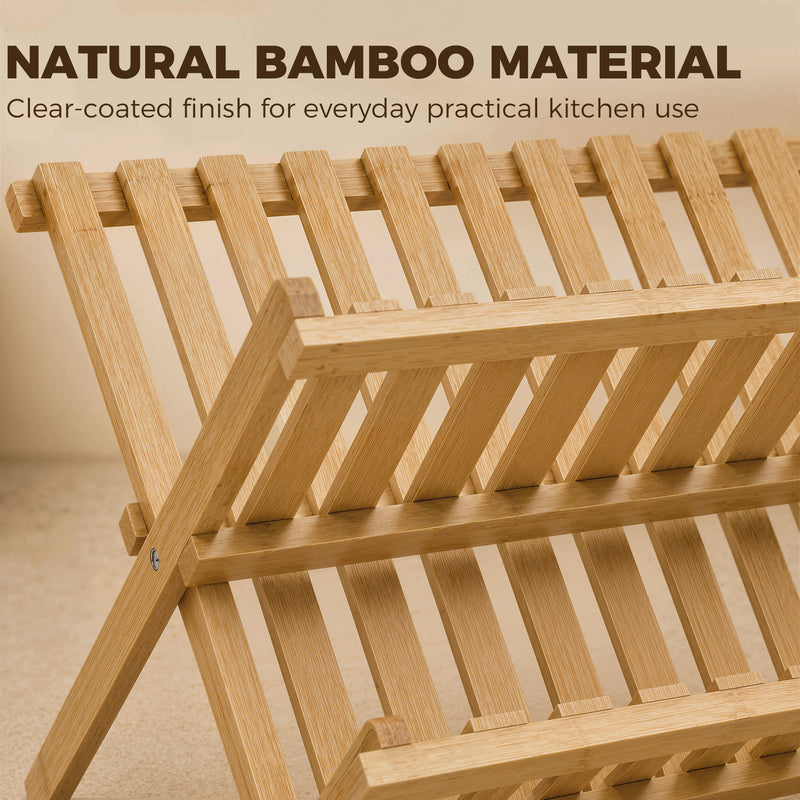 Foldable Bamboo Dish Drying Rack for Small Kitchens Two Tier Space Saving Natural Wood