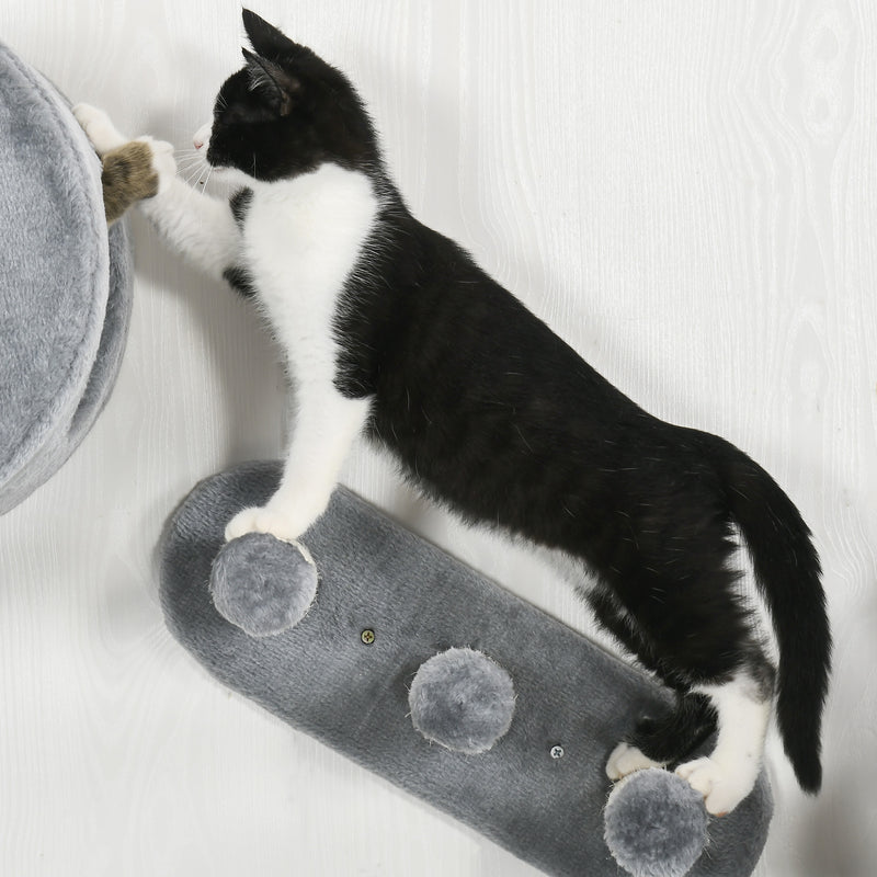 Wall Mounted Cat Tree Set with Steps Perch and House Ideal for Climbing and Play Grey
