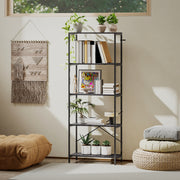 5 Tier Industrial Style Bookcase With Sturdy Metal Frame For Home Office Storage Dark Grey Black AOSOM
