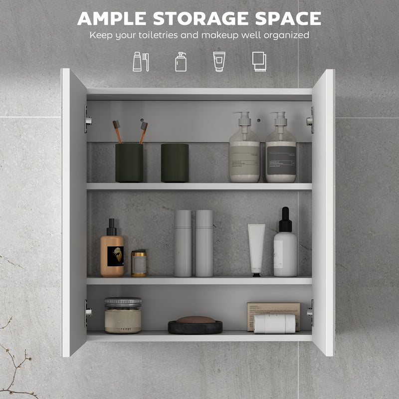 Wall Mounted Bathroom Mirror Cabinet With Double Doors And Shelves Waterproof White