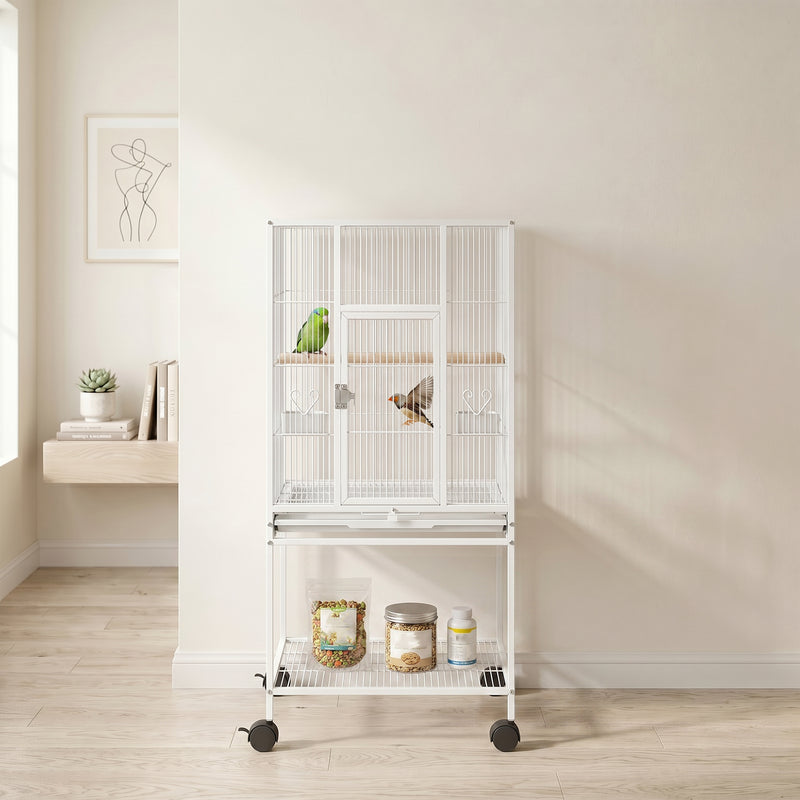 Mobile Bird Cage With Stand and Storage Shelf for Easy Cleaning and Moving White