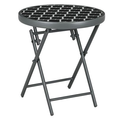 Round Folding Garden Side Table with Marble Effect Glass Top for Patio or Balcony Use