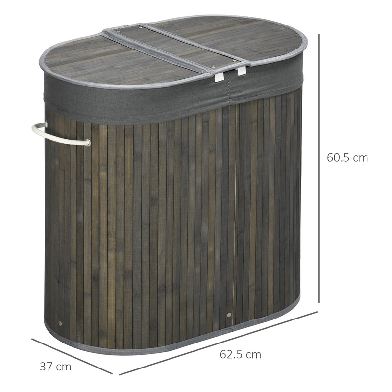 100L Bamboo Laundry Basket with Lid and 2 Sections Removable Lining, Grey