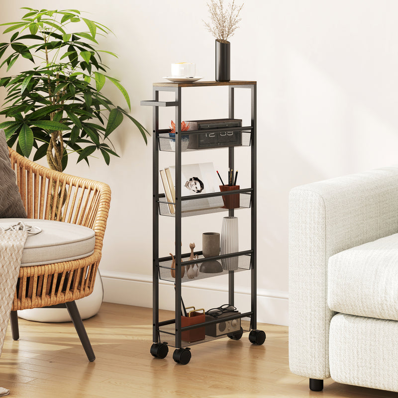 5 Tier Slim Storage Trolley With Wheels And Wood Effect Top For Kitchen Or Bathroom Black AOSOM