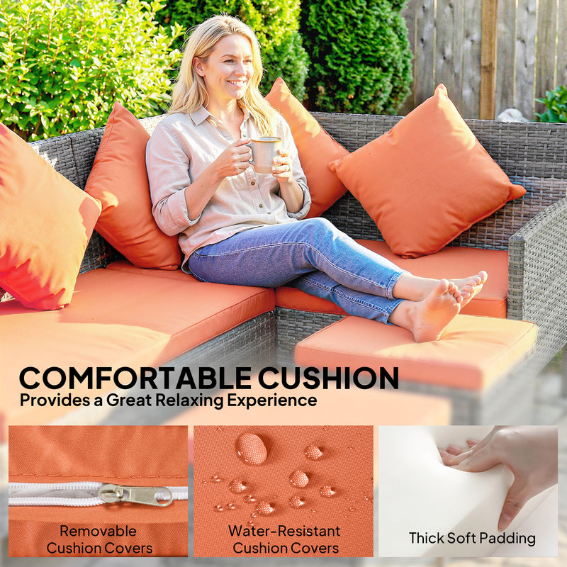 4 Seater Rattan Garden Sofa Dining Set with Cushions and Table for Family Gatherings, Mixed Grey/Orange Outsunny