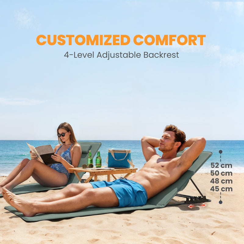 Folding Beach Loungers Set of 2 with Adjustable Backrest and Side Pocket Grey
