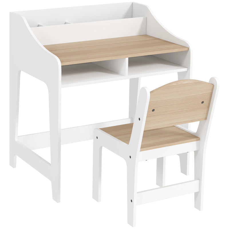 Kids Desk and Chair Set with Storage for Homework and Crafts Ages 3–8 Natural and White AOSOM