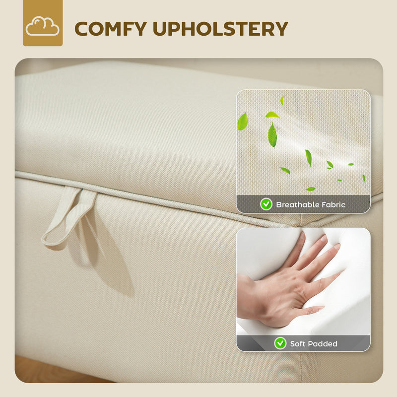 Beige Linen Storage Ottoman 16L with Padded Seat and Rubberwood Legs for Bedroom Use - 49W x 33D x 36H cm
