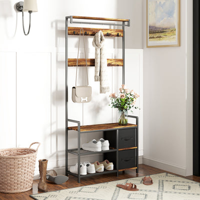 Industrial Style Hallway Coat Rack With Shoe Bench in Brown and Black by HOMCOM